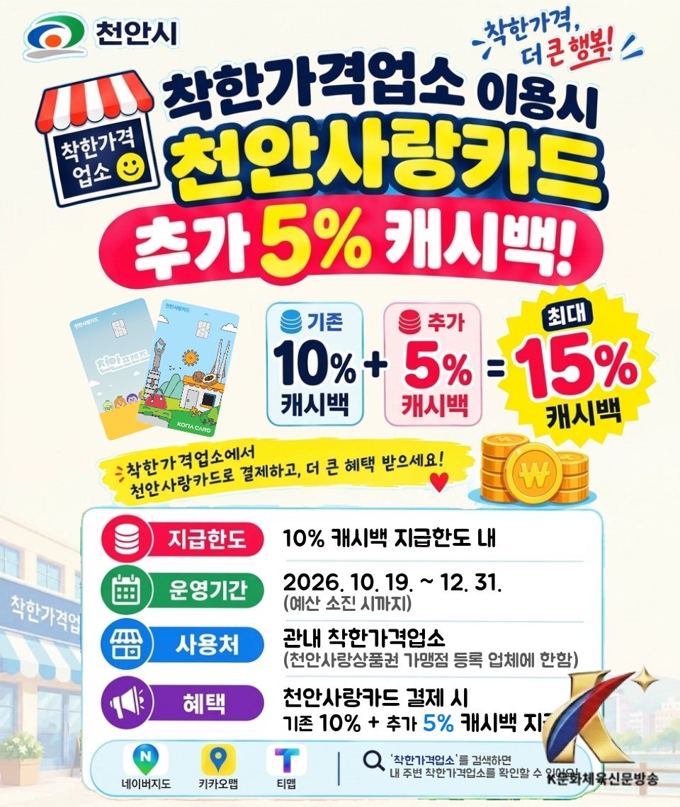 천안시, 착한가격업소서 ‘천안사랑카드’ 결제 시 캐시백 5% 추가 지급